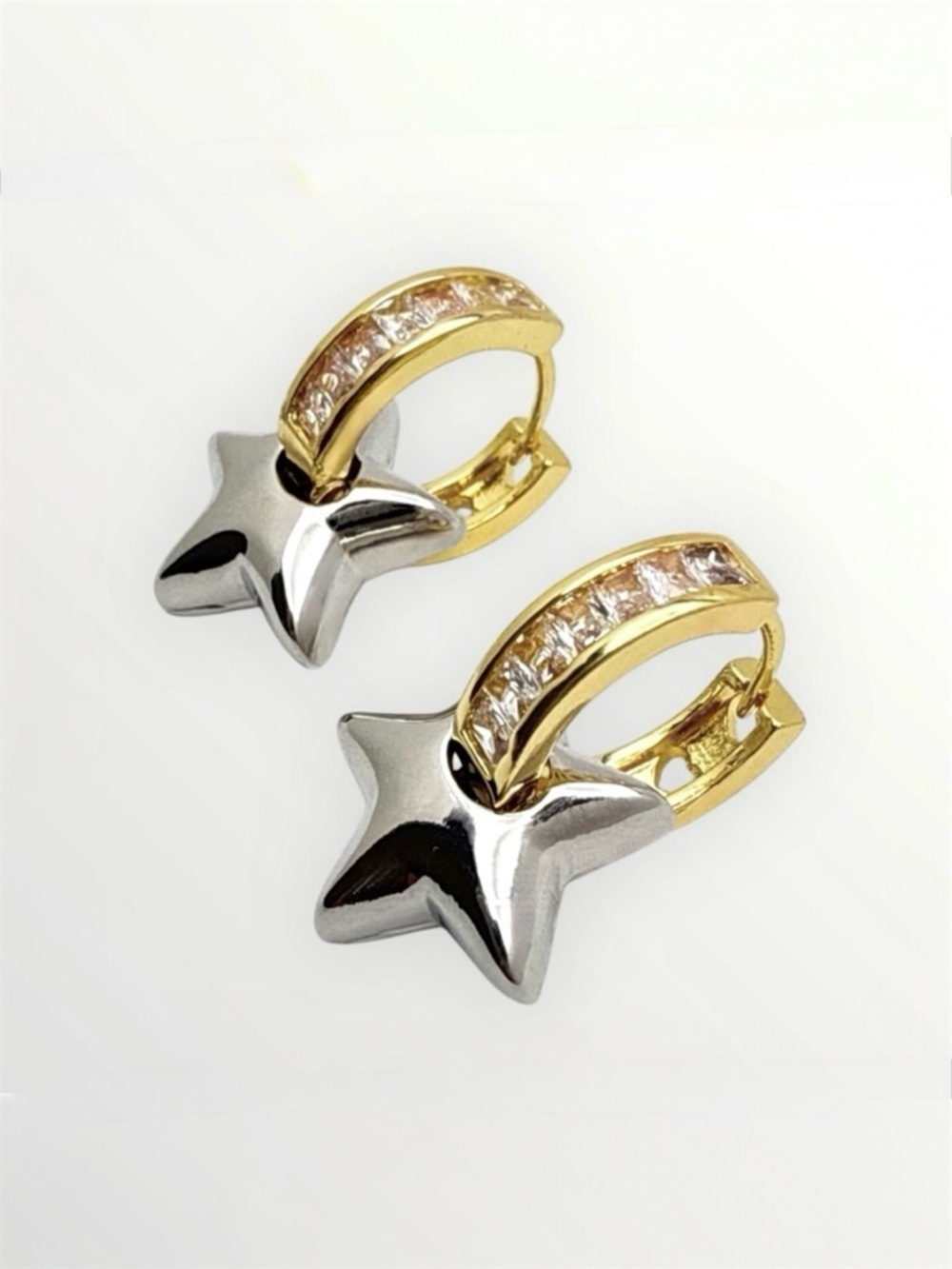 Silver Gold Tone Star Hoop Earrings with Baguette CZ & Hearts Crafted Earrings
